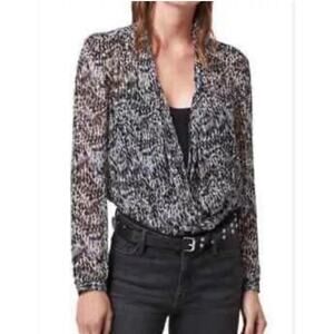 All Saints Black Blue Camille Mara Bodysuit Sz S Geo Print Faux Wrap